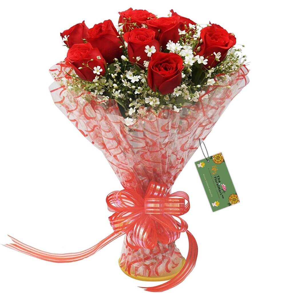 Fresh Flower Bouquet of 08 Red Roses in Cellophane Wrapping The